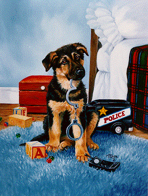 GSD puppy artwork (handcuffs in mouth and police truck in rear).gif (58565 bytes)